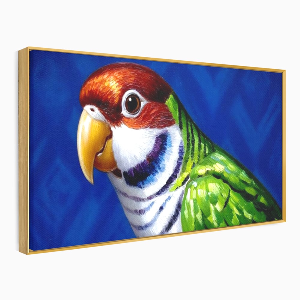 Tablou canvas cu pictura cu cap de papagal colorat, in rama de aluminiu auriu